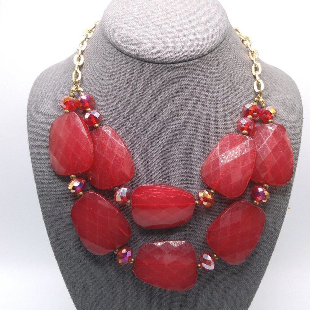 Red Large Bead Red Crystal Statement Necklace, Two Strands, 19 Inches